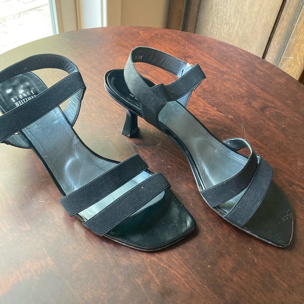 Stuart Weitzman black stretch ankle strap slide